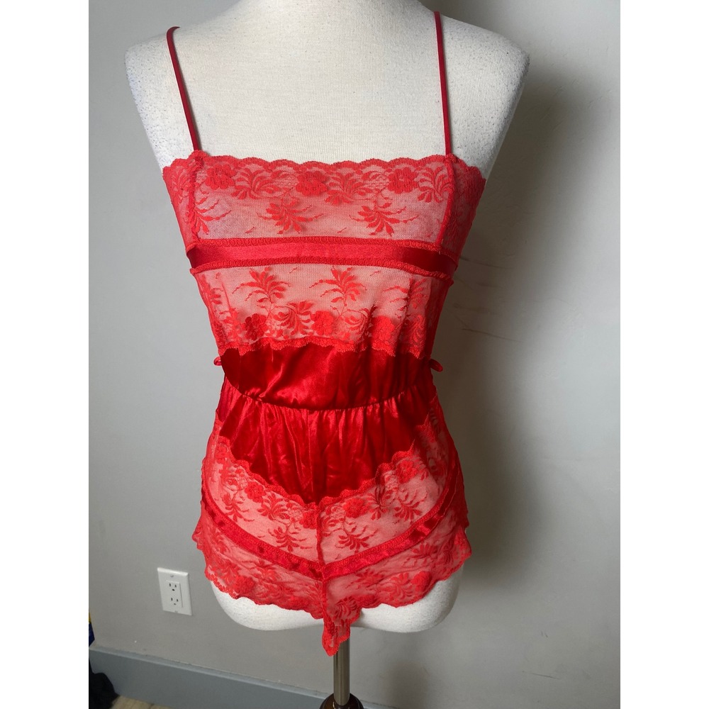 Vintage Texsheen Red Lace Satin Bodysuit Lingerie 70s 80s Made in USA Small P